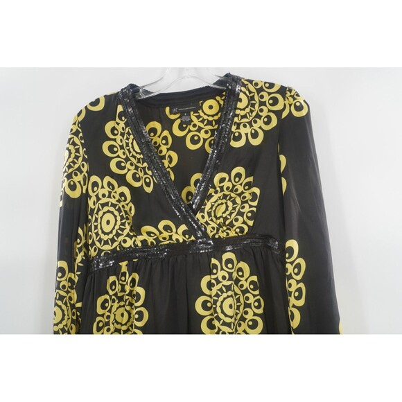 INC International Concepts Black Yellow 100% Silk Sequin V-Neck Blouse Size 8 - Picture 9 of 12